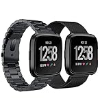 VIGOSS Metal Strap Compatible with Fitbit Versa Bands Black Men 2 Pack Solid Stainless Steel Versa Band + Milanese Loop Mesh Replacement Bracelet Wristband for Fitbit Versa Smartwatch