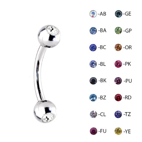 316L Stainless Steel Double Cz Gem Eyebrow Ring Curved Barbell 16,14 Gauge