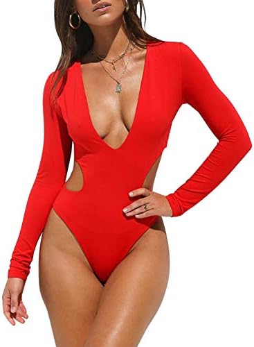 Rashguards for Women Long Sleeve Bathing Suit Monokini Plunge V Neck Sexy Swimsuit