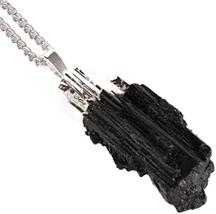 Black Rough Raw Tourmaline Healing Stone Pendant Gold Silver Chain Necklace for Unisex,Silver Pendant Chain