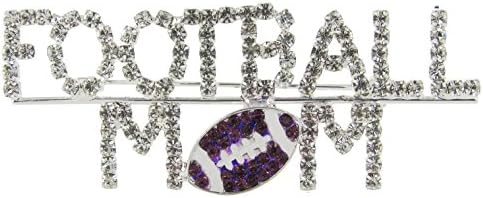 "Football Mom" with Ball Rhinestone Word Brooch Pin with Clear and Purple Crystals and White Enamel