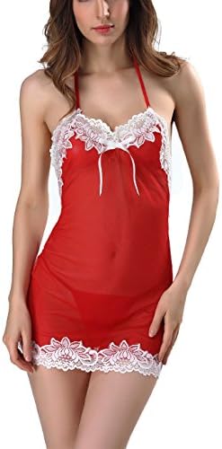 Women Lingerie Halter Backless Lace Trim Babydoll G-String 2 Piece Set Sleepwear (XX Large, Red)