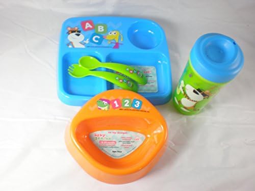 Kids Dinner Set Value Bundle With Sectioned Plate, Non Tip Bowl, Fork, Spoon, and BPA Free Sippy Cup, Baby Genius ABCs 123s