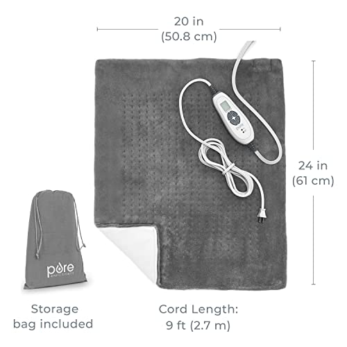 Pure Enrichment PureRelief Ultra-Wide Microplush Heating Pad - 20” x 24” XXL Size & 6 Heat Settings for Temporary Neck, Shoulder & Back Pain Relief - Moist Heat Option & Machine Washable (Gray)