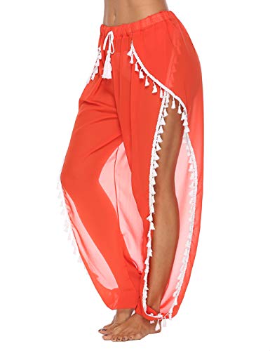 Blingfit Women's Fashion Sheer Pom Pom Trim Kaftan Chiffon Swimwear Beach Cover Up XL