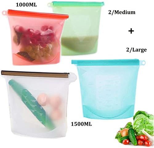 Reusable Silicone Food Storage Bag Airtight Seal Versatile Freezer Bags Container Suitable for Vegetable/Sandwich/Fruit/Liquid/Snack/Lunch 2xLarge 50oz&2xMedium 30oz FDA Preservation Bags (4 packs)