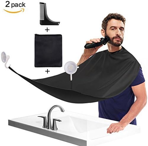 2 Pack Beard Catcher Apron For Shaving With Travel Bag Suction Cups And Beard Shaping Tool Comb, Adjustable Neck Straps, Ideal Mens Beard Grooming Kit.