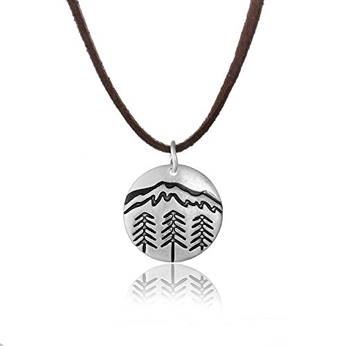 MUZHE Antique Silver Tiny Mountain Forest Necklace, Nature Wilderness Trees Hiking Camping Pendant Necklace for Outdoor Lovers, Skiers and Hikers