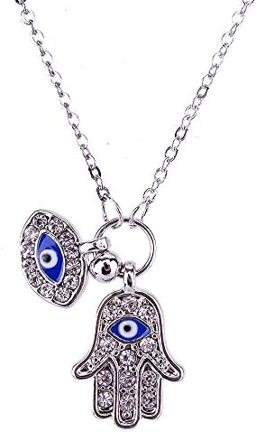 Hamsta &amp; Evil Eye Charm Pendant Necklace Sparkling Crystal17 Chain Jewelry