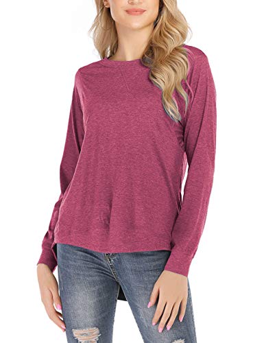 Women's Casual Tops Round Neck Loose Fit Long Sleeve T-Shirt Blouse Tops(Red,S)