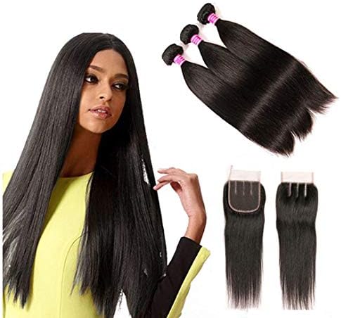 Blowing Straight Hair 3 Bundles with Closure Brazilian Virgin Hair Three Part Lace Closure with Bundles 8a Straight Human Hair Weft with Closure Natural Color(10 12 14+10)