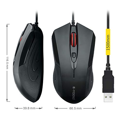 E-YOOSO 4-Button USB Wired Mouse, DPI Adjustable Button, Optical Sensor Mice 1000/1600/2000DPI, Ergonomic Shape, 5ft Cord, Office Business Mouse for Laptop Chrome-Book PC Desktop Mac Notebook, Black