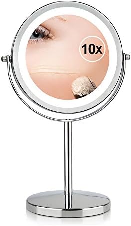 GF Wood 7 Inch 10X Magnification Circular Makeup Mirror Dual 2 Sided Round Shape 17 Leds Rotating Cosmetic Mirror Stand Magnifier Mirror