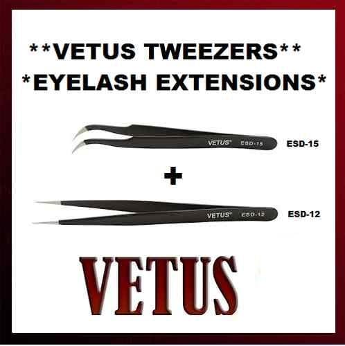 TWO Vetus Straight Pointed & Curve Tweezers Eyelash Extensions Stainless Steel