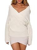 Simplee Apparel Women's Batwing Sleeve V Neck Cross Front Knit Sweater,White,One Size