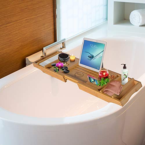 Wood Worx Bath Essentials Premium Bamboo Bathtub Tray Caddy & Soap Holder Nonslip Wooden