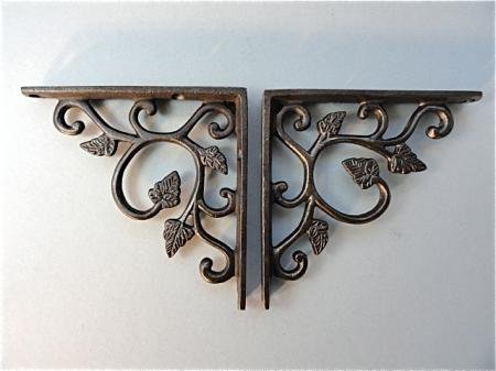 Pair of small cast Iron wall mounted antique style leaf sample, shelf brackets, wall bracket.