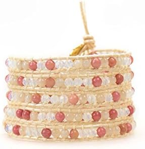 Leather Wrap Bracelet on Beige Leather, Moonstone Stone Wrap Braclet, Women's Wrap Bracelets, Handmade Gifts for Her