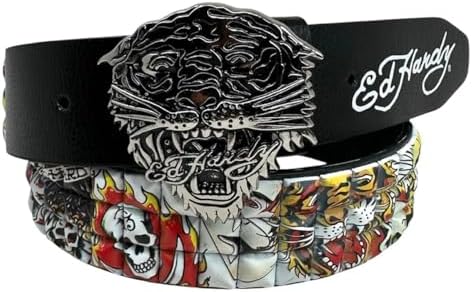 ED HARDY Men's Skull Tiger Print with Rivet Studs & D-Rings 38mm