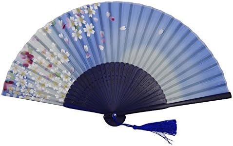 Japanese Handheld Folding Fan, Plum Flowers HF-234 (Sky Blue, with sleeve)