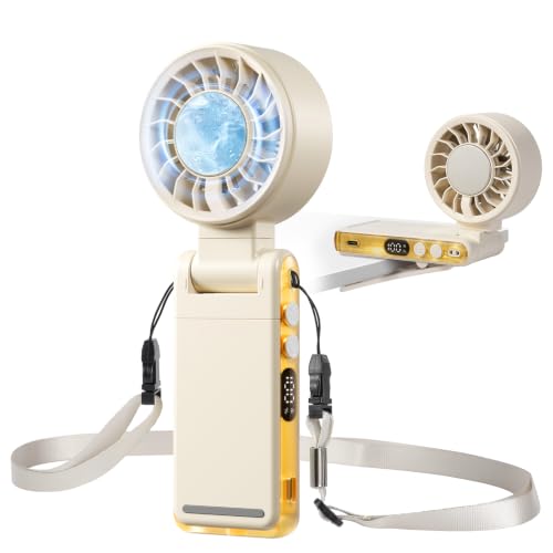 Lomffy Ventilador Portátil de Mano con Enfriador de Hielo, 6 en 1 Ventilador de Mano Turbo con clip y pantalla LED 360° 180° Giratorio Alta velocidad Ventilador Turbo Recargable Velocidad de 1 a 100