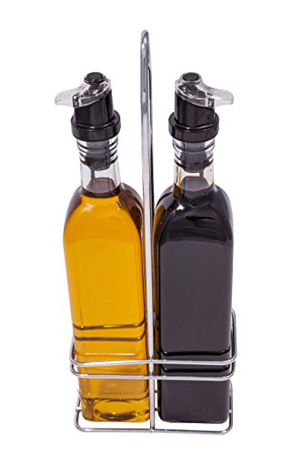 Oil and Vinegar Bottle Set with Stainless Steel Rack with Removable Cork