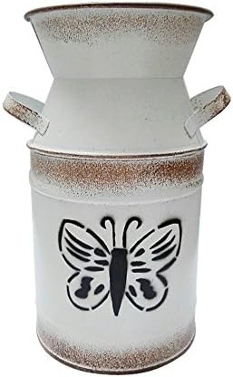 Watering Honey White Shabby Small French Style Country Rustic Primitive Jug Vase Galvanized Milk Can with Butterfly Printing