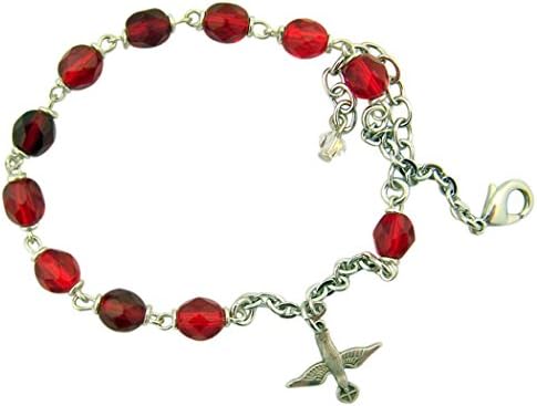 Girls Red Glass Prayer Bead Rosary Bracelet with Holy Dove Medal, 9 Inch