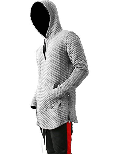 Hat and Beyond VW Mens Hoodie Diamond Quilted Zipper Hipster Elongated Extended Hip Hop Longline Pullover Sweater (X-Large, vw5001.500_Gry)