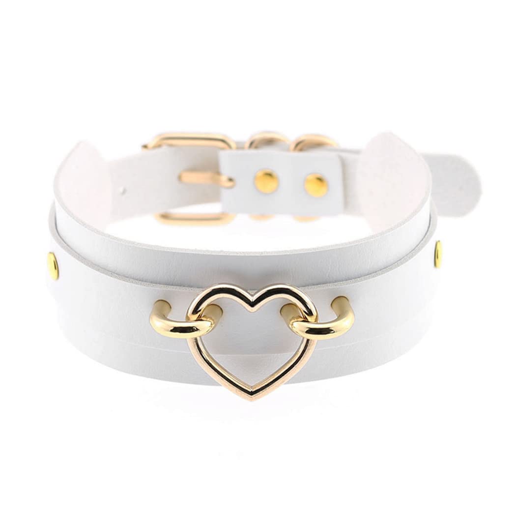 Borsgye Punk Leather Goth Choker Collar Adjustable Rock PU Leather Choker Necklaces Teen Girls Cosplay Jewelry Vintage Necklaces - White with Gold Heart, Metal Faux Leather, No Gemstone