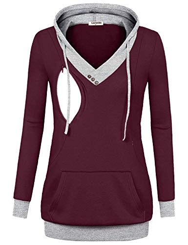 Larenba Plus Size Nursing Tops and Blouses, Womens V Neck Maternity Nursing Hooded Sweatshirt Zip Cut-Outs Breastfeeding Shirts with Pocket(Wine Red,XX-Large)