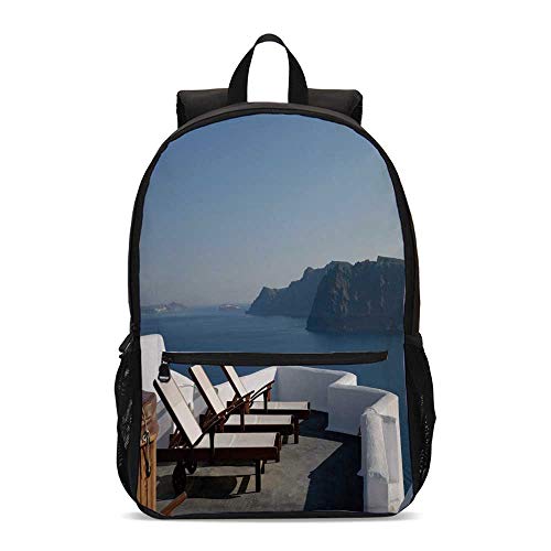 Travel Decor Durable Backpack,Sunlounger at Terrace in Santorini Greece Resort Relaxation Aegean for School Travel,12.2"L x 5.5"W x 18.5"H - Thumbnail 6