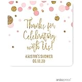 Andaz Press Blush Pink Gold Glitter Girl Baby Shower Party Collection, Personalized Square Label Stickers, Thank You for Celebrating With Us, 40-Pack, Custom Name