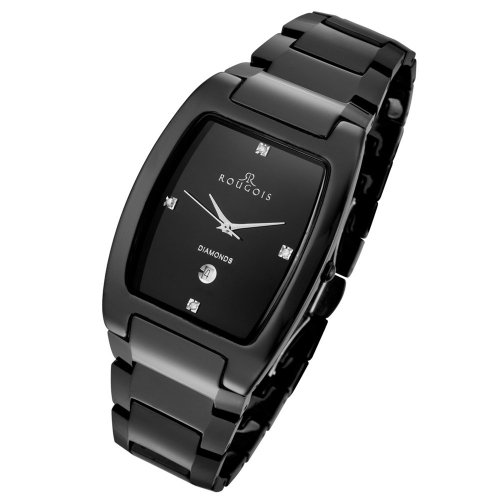 Rougois Men's 61062GB High-Tech Black Ceramic Watch with Genuine Diamonds Swiss Movement