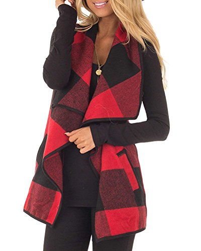 Mafulus Womens Vest Plaid Sleeveless Lapel Open Front Cardigan Sherpa Jacket with Pockets Red