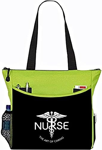 Nurse The Art Of Caring Caduceus Tote Bag Office School Travel Business Personal Organizer - Black &amp; Lime