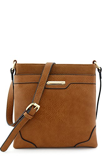 Women's Medium Size Solid Modern Classic Crossbody Bag with Gold Plate (Brown)