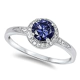 Halo Solitaire Simulated Tanzanite Promise Engagement Ring .925 Sterling Silver Ring Sizes 4-13