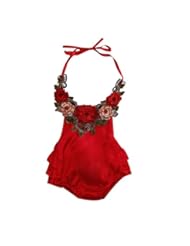 Apparel: Baby Girl 3D Flower Applique Halter Floral Romper,Backless Bodysuit,Ruffle Sunsuit (2-3 Years, Red)