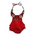 Baby Girl 3D Flower Applique Halter Floral Romper,Backless Bodysuit,Ruffle Sunsuit (6-12 Months, Red)
