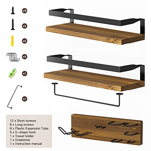 DECOSIS Bathroom Floating Shelves Wall Mounted, Rustic Wood Bathroom Wall Shelf with Towel Bar