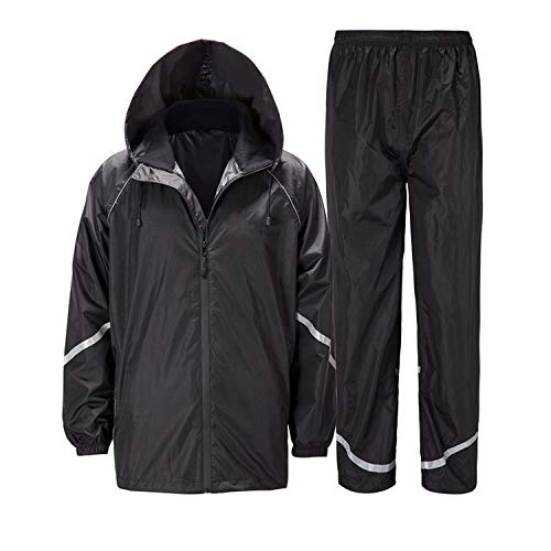 ZITY Men's Rain Suit Waterproof Hooded Rainwear,Windbreaker for Outdoor Black Stripe Large
