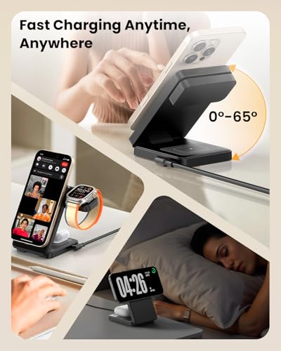 15W Fast Wireless Charging Station, GEEKERA 3 in 1 Magnetic Wireless Charger Stand for Apple Devices, Foldable Travel Charging Dock for iPhone 17 16 15 14 13 12, for Apple Watch & AirPods