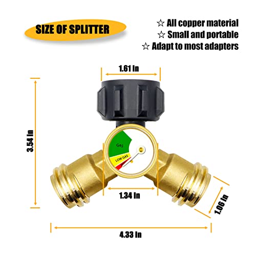 【1 pack】Propane Splitter (Propane Tank Y Splitter Adapter) with Gauge