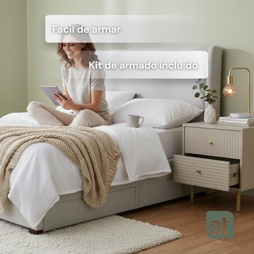ALTALIA DECO HOME Buró para Recamara Minimalista - Buro de Madera con 2 Cajones amplios Acanalados - Buró de Noche Moderno - Buros Mesa Auxiliar Herrajes Dorados - 48x40x58 cm (Gris) (Gris)