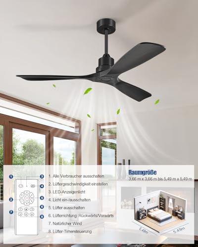 Forrovenco Ceiling Fan without Light 132 cm, Ceiling Fan with Remote Control, Outdoor Ceiling Fans, 3 Wooden Blades, 3 Extensions, 6 Levels, Reversible DC Motor, 132 cm, Black Without Light