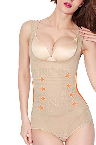 Donnalla Womens Waist Cincher Full Body Shaper Trainer Open Bust Girdle Faja Bodysuit Tummy Control Panty Shapewear(L,Khaki)