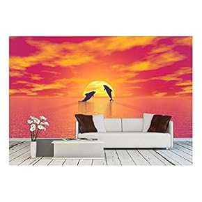 Shadow of Two Small Dolphins Jumping in The Ocean Toward The Sun by Red Sunset - Removable Wall Mural | Self-Adhesive Large Wallpaper - 66x96 inches