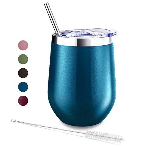 Blingco 12 oz Stainless Steel Stemless Wine Glass Tumbler with Lids and Straws, Unbreakable Double Wall Cup Insulated Tumbler for Wine, Coffee, Drinks, Cocktails, Champagne(Blue Green) - Thumbnail 7