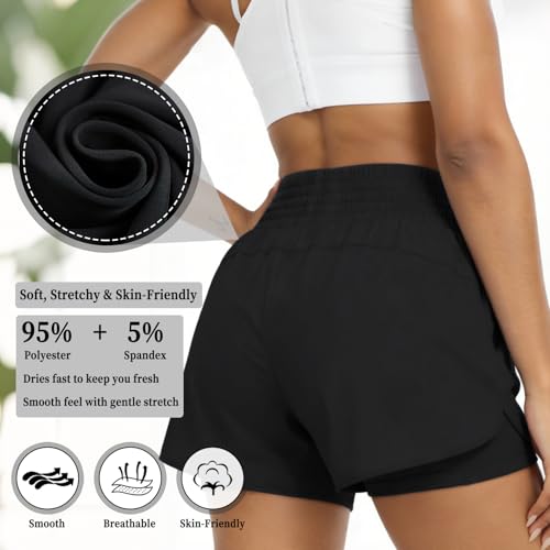 GOZINA Womens 2-in-1 Running Shorts with Phone Pocket, Lightweight Gym Yoga Ladies Sports Shorts for Running, Hiking & Training